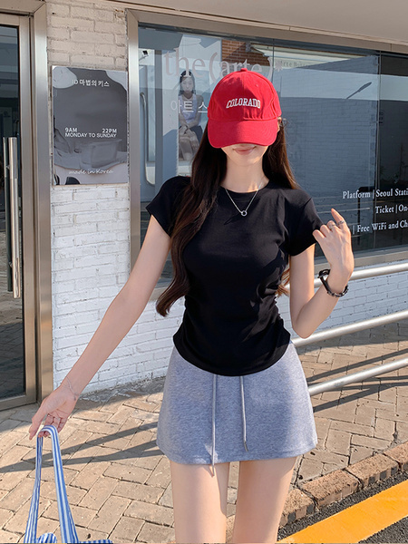 Real Shot Price Wrinkles Waist-cinching Positive Shoulder Short Sleeve T-Shirt Women Summer 2025 New Style Design Sense Slim Fit Short Style Top in Black