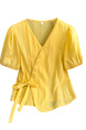 Fashion French Style Superior Sense V Neck Short Sleeve Shirt Women's Summer 2025 New Style Dopamine Lace-up Waist-cinching Slimming Top in Yellow