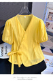 Fashion French Style Superior Sense V Neck Short Sleeve Shirt Women's Summer 2025 New Style Dopamine Lace-up Waist-cinching Slimming Top in Yellow
