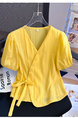 Fashion French Style Superior Sense V Neck Short Sleeve Shirt Women's Summer 2025 New Style Dopamine Lace-up Waist-cinching Slimming Top in Yellow