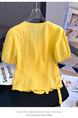Fashion French Style Superior Sense V Neck Short Sleeve Shirt Women's Summer 2025 New Style Dopamine Lace-up Waist-cinching Slimming Top in Yellow