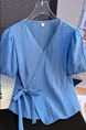 Fashion French Style Superior Sense V Neck Short Sleeve Shirt Women's Summer 2025 New Style Dopamine Lace-up Waist-cinching Slimming Top in Light Blue