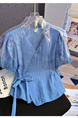 Fashion French Style Superior Sense V Neck Short Sleeve Shirt Women's Summer 2025 New Style Dopamine Lace-up Waist-cinching Slimming Top in Light Blue