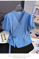Fashion French Style Superior Sense V Neck Short Sleeve Shirt Women's Summer 2025 New Style Dopamine Lace-up Waist-cinching Slimming Top in Light Blue