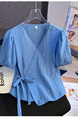 Fashion French Style Superior Sense V Neck Short Sleeve Shirt Women's Summer 2025 New Style Dopamine Lace-up Waist-cinching Slimming Top in Light Blue