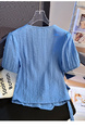 Fashion French Style Superior Sense V Neck Short Sleeve Shirt Women's Summer 2025 New Style Dopamine Lace-up Waist-cinching Slimming Top in Light Blue
