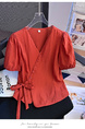 Fashion French Style Superior Sense V Neck Short Sleeve Shirt Women's Summer 2025 New Style Dopamine Lace-up Waist-cinching Slimming Top in Rust Red