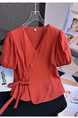 Fashion French Style Superior Sense V Neck Short Sleeve Shirt Women's Summer 2025 New Style Dopamine Lace-up Waist-cinching Slimming Top in Rust Red