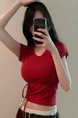 South Korea's Dongdaemun New Hot Girl Shows Body Sexy Feminine Lace-up Waist Short-sleeved T-shirt Top in Red