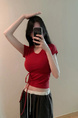 South Korea's Dongdaemun New Hot Girl Shows Body Sexy Feminine Lace-up Waist Short-sleeved T-shirt Top in Red