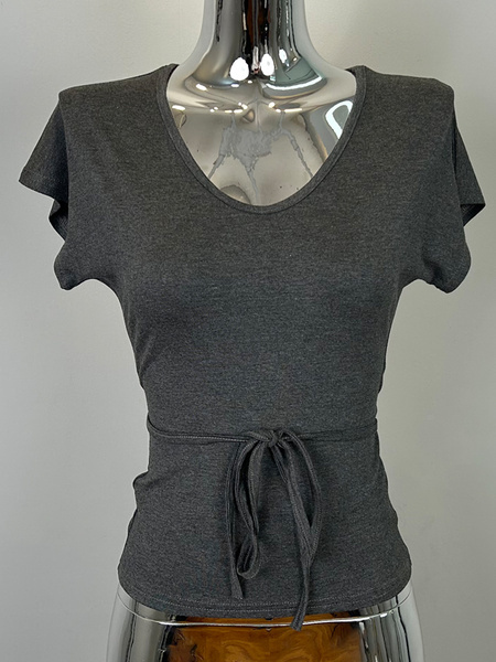 South Korea's Dongdaemun New Hot Girl Shows Body Sexy Feminine Lace-up Waist Short-sleeved T-shirt Top in Dark Gray