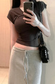 South Korea's Dongdaemun New Hot Girl Shows Body Sexy Feminine Lace-up Waist Short-sleeved T-shirt Top in Dark Gray