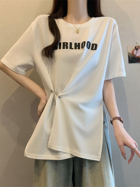 Real Shot of 2025 Large Size Summer New Design Irregular Letter Versatile T-shirt Women's Loose Casual Top Trend in White