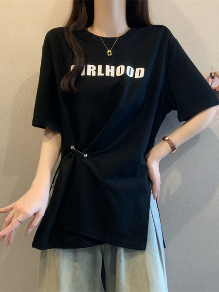 Real Shot of 2025 Large Size Summer New Design Irregular Letter Versatile T-shirt Women's Loose Casual Top Trend in Black