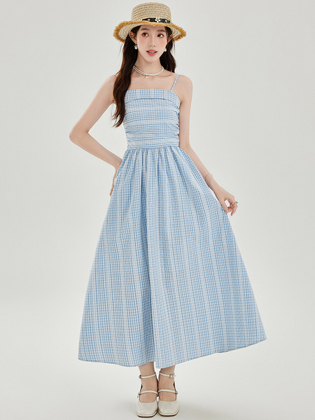 Blue Plaid Tube Top Suspender Dress for Women Summer Off-Shoulder Waisted Long Skirt Holiday Dress Light Blue
