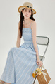 Blue Plaid Tube Top Suspender Dress for Women Summer Off-Shoulder Waisted Long Skirt Holiday Dress Light Blue