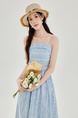 Blue Plaid Tube Top Suspender Dress for Women Summer Off-Shoulder Waisted Long Skirt Holiday Dress Light Blue