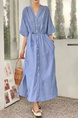Korean Design Niche New Simple Linen Light Blue Striped V-Neck Lace-Up Dress with Side Pockets and Belt