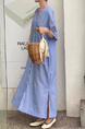 Korean Design Niche New Simple Linen Light Blue Striped V-Neck Lace-Up Dress with Side Pockets and Belt