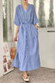 Korean Design Niche New Simple Linen Light Blue Striped V-Neck Lace-Up Dress with Side Pockets and Belt