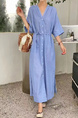 Korean Design Niche New Simple Linen Light Blue Striped V-Neck Lace-Up Dress with Side Pockets and Belt