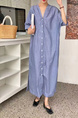 Korean Design Niche New Simple Linen Light Blue Striped V-Neck Lace-Up Dress with Side Pockets and Belt