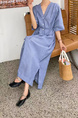 Korean Design Niche New Simple Linen Light Blue Striped V-Neck Lace-Up Dress with Side Pockets and Belt