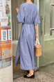 Korean Design Niche New Simple Linen Light Blue Striped V-Neck Lace-Up Dress with Side Pockets and Belt