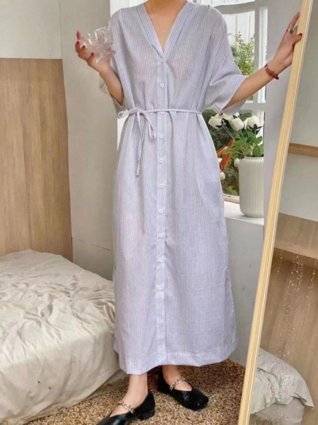 Korean Design Niche New Simple Linen Light Blue Striped V-Neck Lace-Up Dress with Side Pockets and Belt