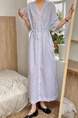 Korean Design Niche New Simple Linen Light Blue Striped V-Neck Lace-Up Dress with Side Pockets and Belt