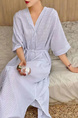 Korean Design Niche New Simple Linen Light Blue Striped V-Neck Lace-Up Dress with Side Pockets and Belt