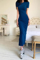 Korean Summer New Round Neck Temperament Versatile Back Slit Slim Fit Short Sleeves Medium Length High Waist Hip Dress in Blue
