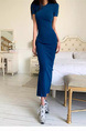 Korean Summer New Round Neck Temperament Versatile Back Slit Slim Fit Short Sleeves Medium Length High Waist Hip Dress in Blue