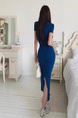 Korean Summer New Round Neck Temperament Versatile Back Slit Slim Fit Short Sleeves Medium Length High Waist Hip Dress in Blue