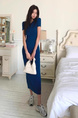 Korean Summer New Round Neck Temperament Versatile Back Slit Slim Fit Short Sleeves Medium Length High Waist Hip Dress in Blue