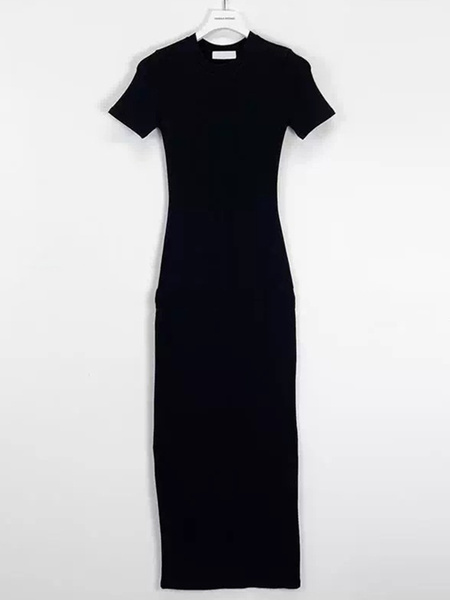 Korean Summer New Round Neck Temperament Versatile Back Slit Slim Fit Short Sleeves Medium Length High Waist Hip Dress in Black