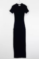Korean Summer New Round Neck Temperament Versatile Back Slit Slim Fit Short Sleeves Medium Length High Waist Hip Dress in Black