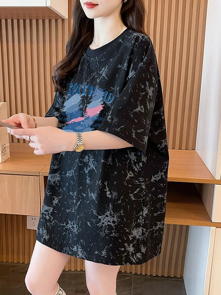 Real Shot and Real Price Douyin Quality/Pure Cotton/Back Collar/Loose Mid-Length Tie-Dye Fashion Top in Black