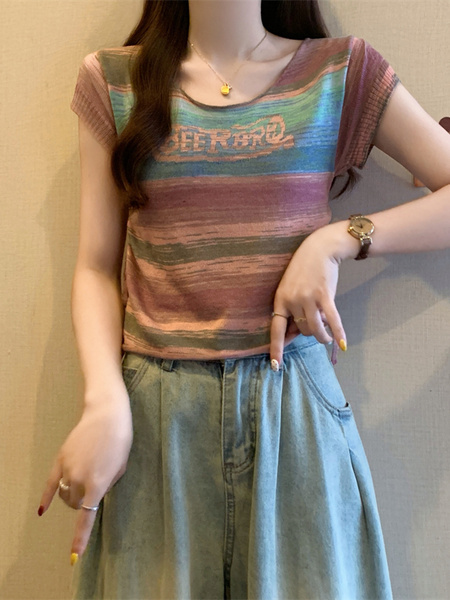 Real Shot Wholesale Price 2025 Summer New Sweet and Spicy Style Rainbow Contrast Striped Drawstring Knitted Tops in Multicolor