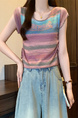 Real Shot Wholesale Price 2025 Summer New Sweet and Spicy Style Rainbow Contrast Striped Drawstring Knitted Tops in Multicolor