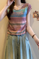 Real Shot Wholesale Price 2025 Summer New Sweet and Spicy Style Rainbow Contrast Striped Drawstring Knitted Tops in Multicolor