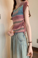 Real Shot Wholesale Price 2025 Summer New Sweet and Spicy Style Rainbow Contrast Striped Drawstring Knitted Tops in Multicolor