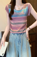 Real Shot Wholesale Price 2025 Summer New Sweet and Spicy Style Rainbow Contrast Striped Drawstring Knitted Tops in Multicolor