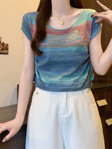 Real Shot Wholesale Price 2025 Summer New Sweet and Spicy Style Rainbow Contrast Striped Drawstring Knitted Tops in Blue and Green