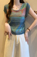 Real Shot Wholesale Price 2025 Summer New Sweet and Spicy Style Rainbow Contrast Striped Drawstring Knitted Tops in Blue and Green