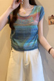 Real Shot Wholesale Price 2025 Summer New Sweet and Spicy Style Rainbow Contrast Striped Drawstring Knitted Tops in Blue and Green