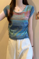 Real Shot Wholesale Price 2025 Summer New Sweet and Spicy Style Rainbow Contrast Striped Drawstring Knitted Tops in Blue and Green