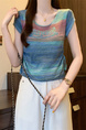 Real Shot Wholesale Price 2025 Summer New Sweet and Spicy Style Rainbow Contrast Striped Drawstring Knitted Tops in Blue and Green