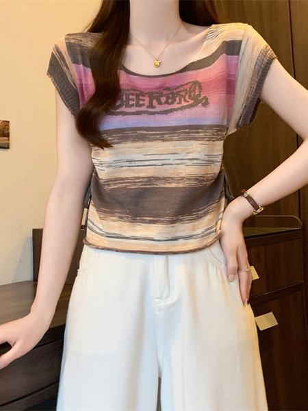 Real Shot Wholesale Price 2025 Summer New Sweet and Spicy Style Rainbow Contrast Striped Drawstring Knitted Tops in Pink and Brown