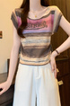 Real Shot Wholesale Price 2025 Summer New Sweet and Spicy Style Rainbow Contrast Striped Drawstring Knitted Tops in Pink and Brown